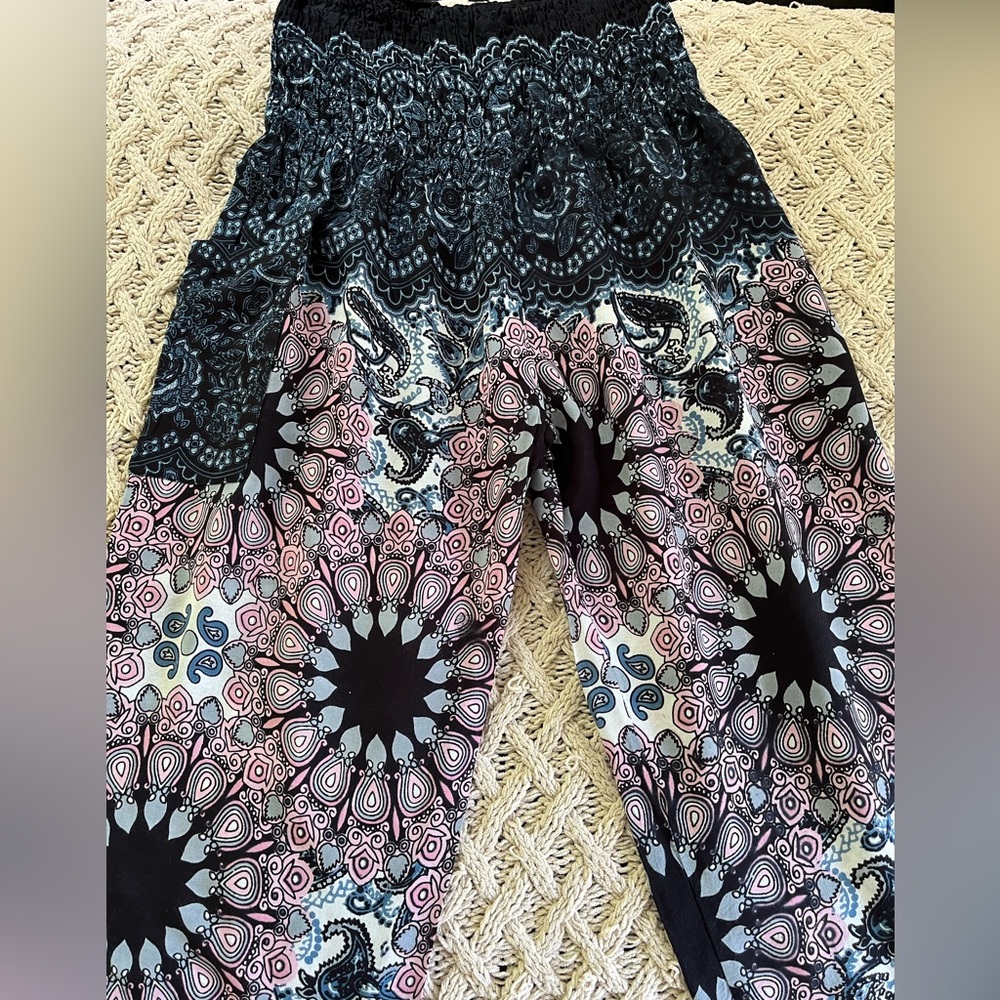 Sunflower Brand Palooza Pants High Waisted Smocked Rayon Pink Black Design Yoga